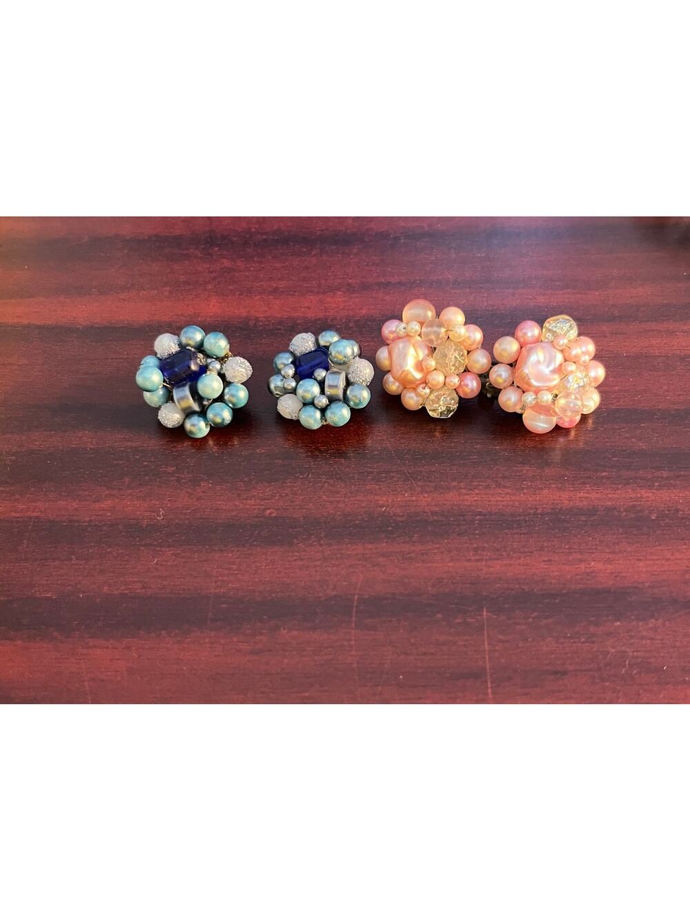 VTG Pink & Blue Beaded Rhinestone Clip On Earrings Made in Japan Coquette